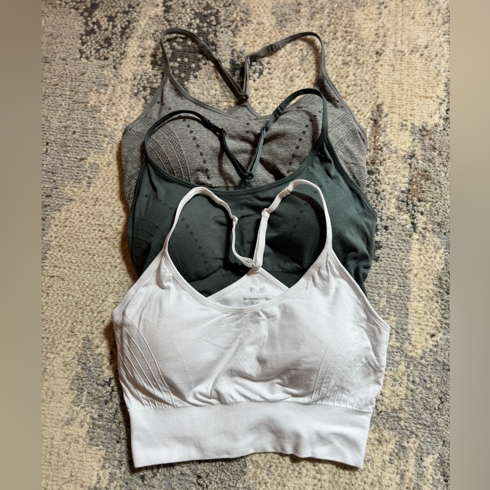 Set of Three Sports Bras - White, Green & Gray